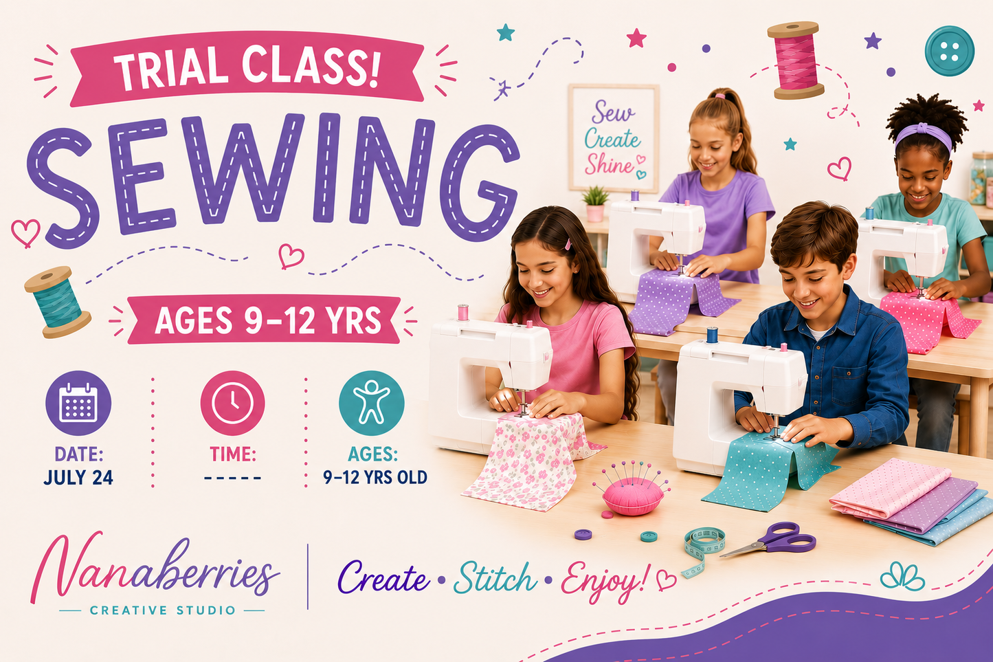 Sewing Trial Class Ages 9-12 FRI 4:45PM